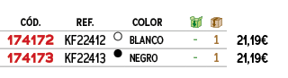 ﻿C D.,﻿REF.,﻿,﻿COLOR,￼,￼,﻿PVO,﻿﻿﻿174172﻿,﻿﻿KF22412﻿,﻿￼,﻿﻿BLANCO﻿,﻿ ﻿,﻿1﻿,﻿﻿21,19€﻿,﻿﻿﻿174173﻿,﻿﻿KF22413﻿,﻿￼,﻿﻿NEGRO﻿...