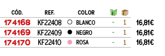 ﻿C D.,﻿REF.,﻿,﻿COLOR,￼,￼,﻿PVO,﻿﻿﻿174168﻿,﻿﻿KF22408﻿,﻿￼,﻿﻿BLANCO﻿,﻿ ﻿,﻿1﻿,﻿﻿16,81€﻿,﻿﻿﻿174169﻿,﻿﻿KF22409﻿,﻿￼,﻿﻿NEGRO﻿...
