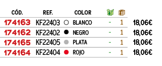 ﻿C D.,﻿REF.,﻿,﻿COLOR,￼,￼,﻿PVO,﻿﻿﻿174163﻿,﻿﻿KF22403﻿,﻿￼,﻿﻿BLANCO﻿,﻿ ﻿,﻿1﻿,﻿﻿18,06€﻿,﻿﻿﻿174162﻿,﻿﻿KF22402﻿,﻿￼,﻿﻿NEGRO﻿...