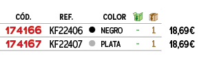 ﻿C D.,﻿REF.,﻿,﻿COLOR,￼,￼,﻿PVO,﻿﻿﻿174166﻿,﻿﻿KF22406﻿,﻿￼,﻿﻿NEGRO﻿,﻿ ﻿,﻿1﻿,﻿﻿18,69€﻿,﻿﻿﻿174167﻿,﻿﻿KF22407﻿,﻿￼,﻿﻿PLATA﻿,...