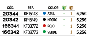 ﻿C D.,REF., ,﻿COLOR,￼,￼,﻿PVO,﻿﻿20344﻿,﻿KF15148﻿,●,﻿Azul﻿,﻿ ﻿,﻿1﻿,﻿﻿5,25€﻿,﻿﻿20342﻿,﻿KF15149﻿,●,﻿Negro﻿,﻿ ﻿,﻿1﻿,﻿﻿5,2...