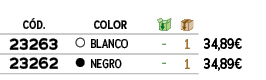 C D., ,COLOR,￼,￼,﻿,﻿﻿23263﻿,●,﻿Blanco﻿,﻿ ﻿,﻿1﻿,﻿﻿34,89€﻿,﻿﻿23262﻿,●,﻿Negro﻿,﻿ ﻿,﻿1﻿,﻿﻿34,89€﻿
