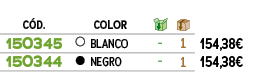 ﻿C D., ,﻿COLOR,￼,￼,﻿,﻿﻿﻿150345﻿,●,﻿﻿BLANCO﻿,﻿ ﻿,﻿1﻿,﻿﻿154,38€﻿,﻿﻿﻿150344﻿,●,﻿﻿NEGRO﻿,﻿ ﻿,﻿1﻿,﻿﻿154,38€﻿