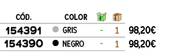﻿C D., ,﻿COLOR,￼,￼,﻿PVO,﻿﻿﻿154391﻿,●,﻿﻿GRIS﻿,﻿ ﻿,﻿1﻿,﻿﻿98,20€﻿,﻿﻿﻿154390﻿,●,﻿﻿NEGRO﻿,﻿ ﻿,﻿1﻿,﻿﻿98,20€﻿