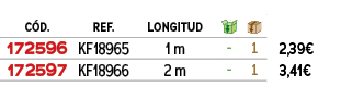 ﻿C D.,﻿REF.,LONGITUD,￼,￼,﻿PVO,﻿﻿﻿172596﻿,﻿﻿KF18965﻿,﻿1 m﻿,﻿ ﻿,﻿1﻿,﻿﻿2,39€﻿,﻿﻿﻿172597﻿,﻿﻿KF18966﻿,﻿2 m﻿,﻿ ﻿,﻿1﻿,﻿﻿3,41€﻿