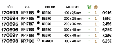 ﻿C D.,﻿REF.,﻿,﻿COLOR,﻿Medidas,￼,￼,﻿PVO,﻿﻿﻿170693﻿,﻿﻿KF17185﻿,﻿￼,﻿﻿NEGRO﻿,﻿﻿100 x 2,5 mm﻿,﻿ ﻿,﻿1﻿,﻿﻿0,91€﻿,﻿﻿﻿170694﻿...