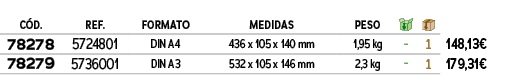 C D.,REF.,formato,MEDIDAS,PESO,￼,￼,﻿PVO,﻿78278﻿,5724801,﻿DIN A4﻿,﻿436 x 105 x 140 mm﻿,﻿1,95 kg﻿,﻿ ﻿,﻿1﻿,﻿﻿148,13€﻿,﻿7...