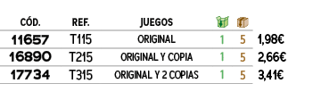 C D.,REF.,JUEGOS,￼,￼,﻿PVO,﻿11657﻿,T115,﻿ORIGINAL﻿,﻿1﻿,﻿5﻿,﻿﻿1,98€﻿,﻿16890﻿,T215,﻿ORIGINAL Y COPIA﻿,﻿1﻿,﻿5﻿,﻿﻿2,66€﻿,﻿...