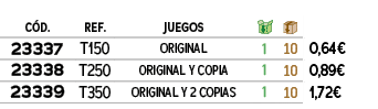 ﻿C D.,﻿REF.,﻿JUEGOS,￼,￼,﻿,﻿﻿﻿23337﻿,﻿﻿T150﻿,﻿﻿ORIGINAL﻿,﻿1﻿,﻿10﻿,﻿0,64€﻿,﻿﻿﻿23338﻿,﻿﻿T250﻿,﻿﻿ORIGINAL Y COPIA﻿,﻿1﻿,﻿...