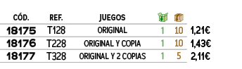 C D.,REF.,JUEGOS,￼,￼,﻿PVO,﻿18175﻿,T128,﻿ORIGINAL﻿,﻿1﻿,﻿10﻿,﻿﻿1,21€﻿,﻿18176﻿,T228,﻿ORIGINAL Y COPIA﻿,﻿1﻿,﻿10﻿,﻿﻿1,43€﻿...