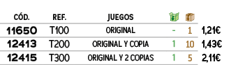 C D.,REF.,JUEGOS,￼,￼,﻿PVO,﻿11650﻿,T100,﻿ORIGINAL﻿,﻿ ﻿,﻿1﻿,﻿﻿1,21€﻿,﻿12413﻿,T200,﻿ORIGINAL Y COPIA﻿,﻿1﻿,﻿10﻿,﻿﻿1,43€﻿,...