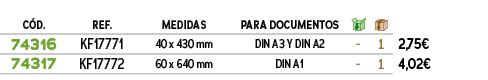 C D.,REF.,Medidas,PARA DOCUMENTOS,￼,￼,﻿,﻿74316﻿,KF17771,﻿40 x 430 mm﻿,DIN A3 Y DIN A2,﻿ ﻿,﻿1﻿,﻿﻿2,75€﻿,﻿74317﻿,KF1777...