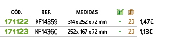 ﻿C D.,﻿REF.,﻿Medidas,￼,￼,﻿PVO,﻿﻿﻿171122﻿,﻿﻿KF14359﻿,﻿﻿314 x 252 x 72 mm﻿,﻿ ﻿,﻿20﻿,﻿﻿1,47€﻿,﻿﻿﻿171123﻿,﻿﻿KF14360﻿,﻿﻿2...