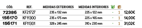 C D.,REF.,Medidas exteriores,MEDIDAS interiores,￼,￼,﻿,﻿72386﻿,﻿KF21727﻿,﻿235 x 132 mm﻿,﻿225 x 122 mm﻿,﻿ ﻿,﻿1﻿,﻿12,60€...