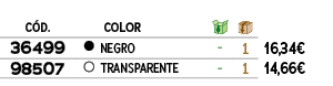 C D., ,COLOR,￼,￼,﻿,﻿36499﻿,●,﻿NEGRO﻿,﻿ ﻿,﻿1﻿,﻿﻿16,34€﻿,﻿98507﻿,●,﻿TRANSPARENTE﻿,﻿ ﻿,﻿1﻿,﻿﻿14,66€﻿