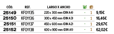 ﻿C D.,﻿REF.,LARGO X ANCHO,￼,￼,﻿PVO,﻿﻿25149﻿,﻿﻿KF01135﻿,﻿220 x 300 mm (DIN A4)﻿,﻿ ﻿,﻿1﻿,﻿﻿9,15€﻿,﻿﻿25150﻿,﻿﻿KF01136﻿,...