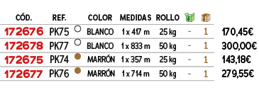 ﻿C D.,﻿REF.,﻿,﻿COLOR,medidas,ROLLO,￼,￼,﻿PVO,﻿﻿﻿172676﻿,﻿﻿PK75﻿,﻿￼,﻿﻿BLANCO﻿,﻿1 x 417 m﻿,﻿25 kg﻿,﻿ ﻿,﻿1﻿,﻿﻿170,45€﻿,﻿...