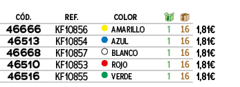 C D.,REF., ,COLOR,￼,￼,﻿,﻿46666﻿,KF10856,●,﻿AMARILLO﻿,﻿1﻿,﻿16﻿,﻿﻿1,81€﻿,﻿46513﻿,KF10854,●,﻿AZUL﻿,﻿1﻿,﻿16﻿,﻿﻿1,81€﻿,﻿46...