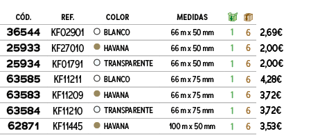 ﻿C D.,﻿REF., ,﻿COLOR,﻿Medidas,￼,￼,﻿,﻿﻿36544﻿,﻿﻿KF02901﻿,●,﻿﻿BLANCO﻿,﻿﻿66 m x 50 mm﻿,﻿1﻿,﻿6﻿,﻿﻿2,69€﻿,﻿﻿25933﻿,﻿﻿KF27...