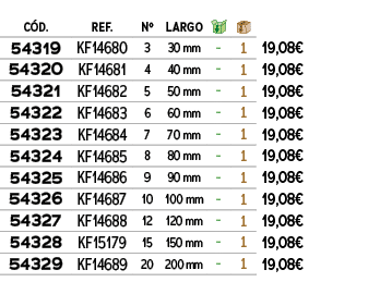C D.,REF.,Nº,LARGO,￼,￼,﻿,﻿54319﻿,KF14680 ,﻿3﻿,30 mm,﻿ ﻿,﻿1﻿,﻿﻿19,08€﻿,﻿54320﻿,KF14681 ,﻿4﻿,40 mm,﻿ ﻿,﻿1﻿,﻿﻿19,08€﻿,﻿5...