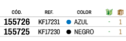 ﻿C D.,﻿REF., ,﻿COLOR,￼,￼,﻿﻿﻿155726﻿,﻿﻿KF17231﻿,●,﻿AZUL﻿﻿,﻿ ﻿,﻿1﻿,﻿﻿﻿155725﻿,﻿﻿KF17230﻿,●,﻿NEGRO﻿﻿,﻿ ﻿,﻿1﻿