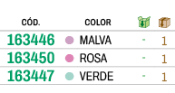 ﻿C D.,,﻿COLOR,￼,￼,﻿﻿﻿163446﻿,●,﻿﻿MALVA﻿,﻿ ﻿,﻿1﻿,﻿﻿﻿163450﻿,●,﻿﻿ROSA﻿,﻿ ﻿,﻿1﻿,﻿﻿﻿163447﻿,●,﻿﻿VERDE﻿,﻿ ﻿,﻿1﻿