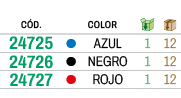 ﻿C D., ,﻿Color,￼,￼,﻿﻿﻿24725﻿,●,﻿AZUL﻿,﻿1﻿,﻿12﻿,﻿﻿﻿24726﻿,●,﻿NEGRO﻿,﻿1﻿,﻿12﻿,﻿﻿﻿24727﻿,●,﻿ROJO﻿,﻿1﻿,﻿12﻿