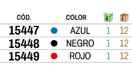 ﻿C D., ,﻿Color,￼,￼,﻿﻿﻿15447﻿,●,﻿AZUL﻿,﻿1﻿,﻿12﻿,﻿﻿﻿15448﻿,●,﻿NEGRO﻿,﻿1﻿,﻿12﻿,﻿﻿﻿15449﻿,●,﻿ROJO﻿,﻿1﻿,﻿12﻿