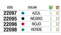 ﻿C D., ,﻿Color,￼,￼,﻿﻿﻿22097﻿,●,﻿AZUL﻿,﻿1﻿,﻿12﻿,﻿﻿﻿22095﻿,●,﻿NEGRO﻿,﻿1﻿,﻿12﻿,﻿﻿﻿22096﻿,●,﻿ROJO﻿,﻿1﻿,﻿12﻿,﻿﻿﻿22098﻿,●,...