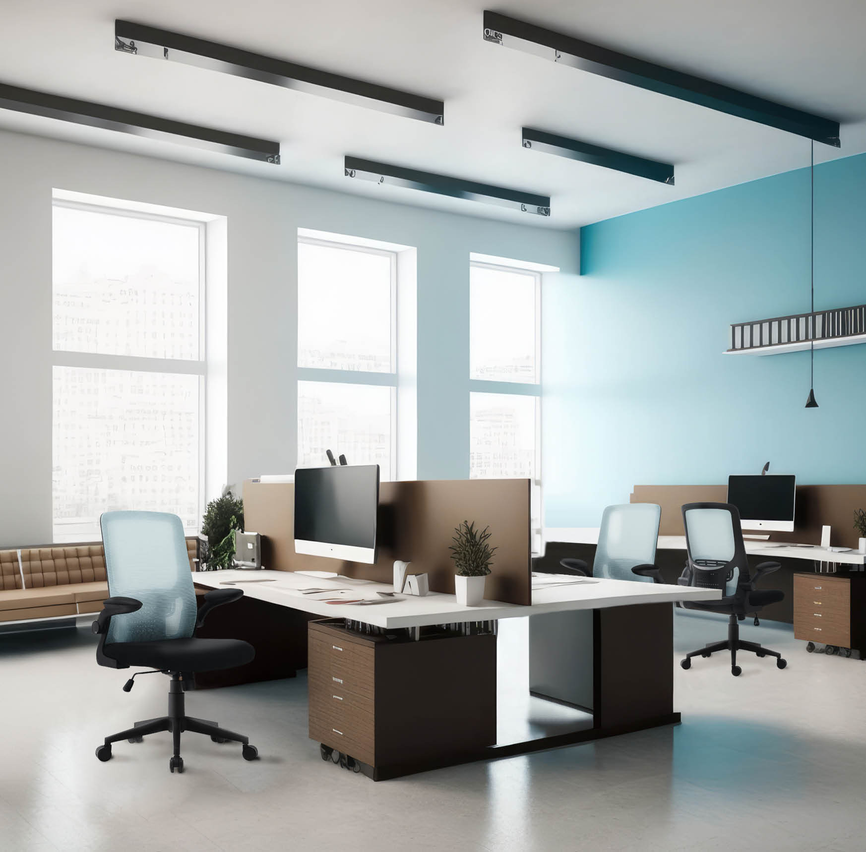 Modern office interior design . Contemporary workspace for creative business. Peculiar AI generative image.