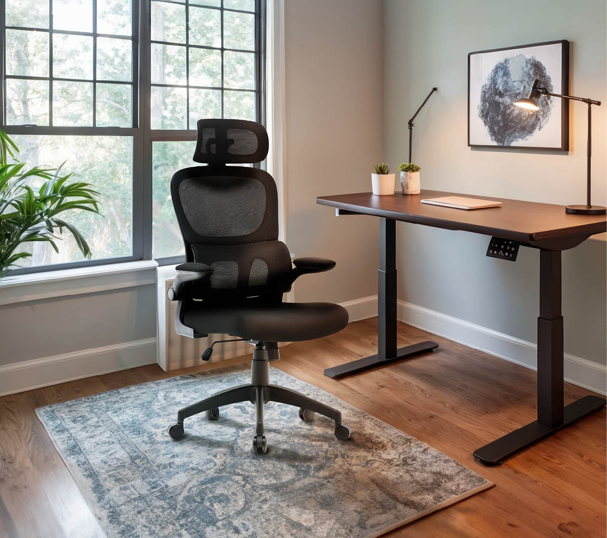 Modern home office with ergonomic chair, desk, computer, and stylish decor