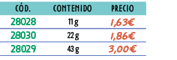 ﻿C D.,﻿CONTENIDO,﻿PRECIO,﻿﻿﻿28028﻿,﻿﻿11 g﻿,﻿﻿1,63€﻿,﻿﻿﻿28030﻿,﻿﻿22 g﻿,﻿﻿1,86€﻿,﻿﻿﻿28029﻿,﻿﻿43 g﻿,﻿﻿3,00€﻿