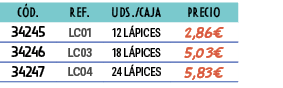 C D.,REF.,UDS./CAJA,﻿PRECIO,﻿﻿34245﻿,LC01,12 L PICES ,﻿﻿2,86€﻿,﻿﻿34246﻿,LC03,18 L PICES ,﻿﻿5,03€﻿,﻿﻿34247﻿,LC04,24 L ...