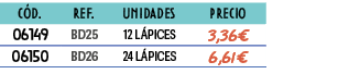 ﻿C D.,﻿REF.,﻿Unidades,﻿PRECIO,﻿﻿﻿06149﻿,﻿﻿BD25﻿,﻿﻿12 L PICES﻿,﻿﻿3,36€﻿,﻿﻿﻿06150﻿,﻿﻿BD26﻿,﻿﻿24 L PICES﻿,﻿﻿6,61€﻿