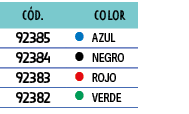 ﻿C D., ,﻿Color,﻿﻿92385﻿,●,﻿﻿AZUL﻿,﻿﻿92384﻿,●,﻿﻿NEGRO﻿,﻿﻿92383﻿,●,﻿﻿ROJO﻿,﻿﻿92382﻿,●,﻿﻿VERDE﻿
