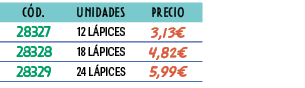 ﻿C D.,﻿Unidades,﻿precio,﻿﻿28327﻿,﻿﻿12 L PICES﻿,﻿﻿3,13€﻿,﻿﻿28328﻿,﻿﻿18 L PICES﻿,﻿﻿4,82€﻿,﻿﻿28329﻿,﻿﻿24 L PICES﻿,﻿﻿5,99€﻿
