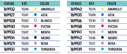 Codigo,REF.,,color,﻿169932﻿,﻿TG06﻿,●,﻿AMARILLO﻿,﻿169927﻿,﻿TG01﻿,●,﻿AZUL﻿,﻿169928﻿,﻿TG02﻿,●,﻿BLANCO﻿,﻿169930﻿,﻿TG04﻿,...