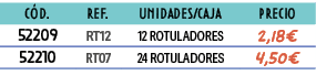 C D.,REF.,UNIDADES/CAJA,﻿precio,﻿52209﻿,RT12,12 ROTULADORES,﻿﻿2,18€﻿,﻿52210﻿,RT07,24 ROTULADORES,﻿﻿4,50€﻿