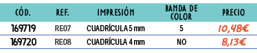 ﻿C D.,﻿REF.,﻿IMPRESI N,﻿BANDA DE COLOR,﻿precio,﻿﻿﻿169719﻿,﻿﻿RE07﻿,﻿﻿CUADR CULA 5 mm﻿,﻿﻿5﻿,﻿﻿10,48€﻿,﻿﻿﻿169720﻿,﻿﻿RE0...