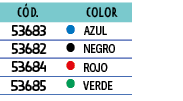 ﻿C D., ,﻿Color,﻿﻿﻿53683﻿,●,﻿AZUL﻿,﻿﻿﻿53682﻿,●,﻿NEGRO﻿,﻿﻿﻿53684﻿,●,﻿ROJO﻿,﻿﻿﻿53685﻿,●,﻿VERDE﻿